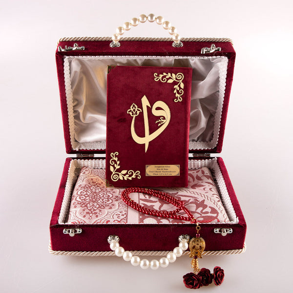 Dowry Set (Quran + Prayer Rug + Rosary) Claret Red