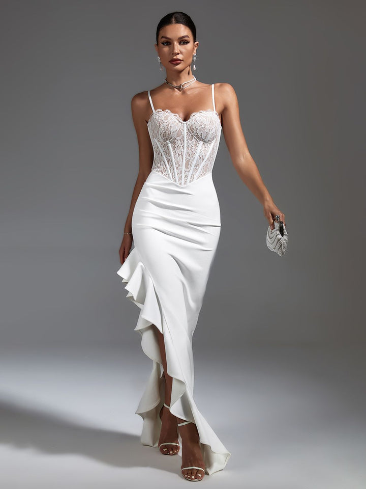 Elegant long white lace dress - OZAXU