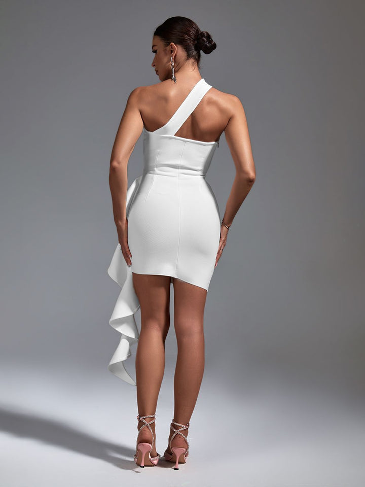 Women's White Bandage Dress Sexy One Shoulder Ruffle Mini Dress for Evening - OZAXU