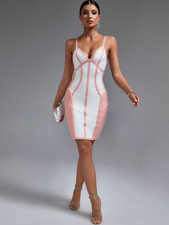 Women's Pink Bandage Dress Elegant Mesh Dress Insert Spaghetti Strap - OZAXU