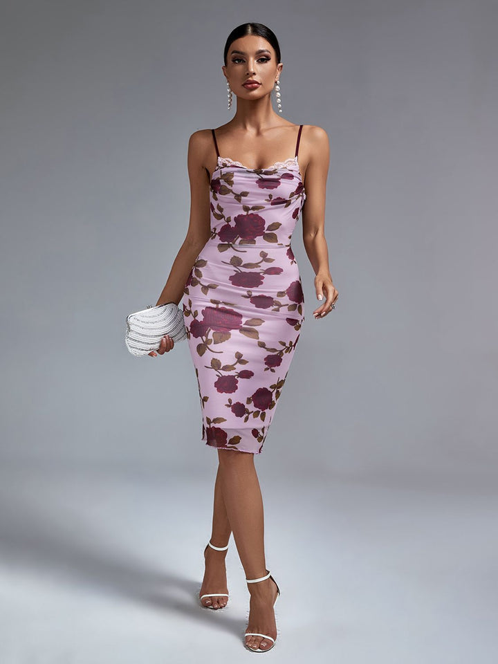 Women's floral print party dress backless bodycon dress A - OZAXU