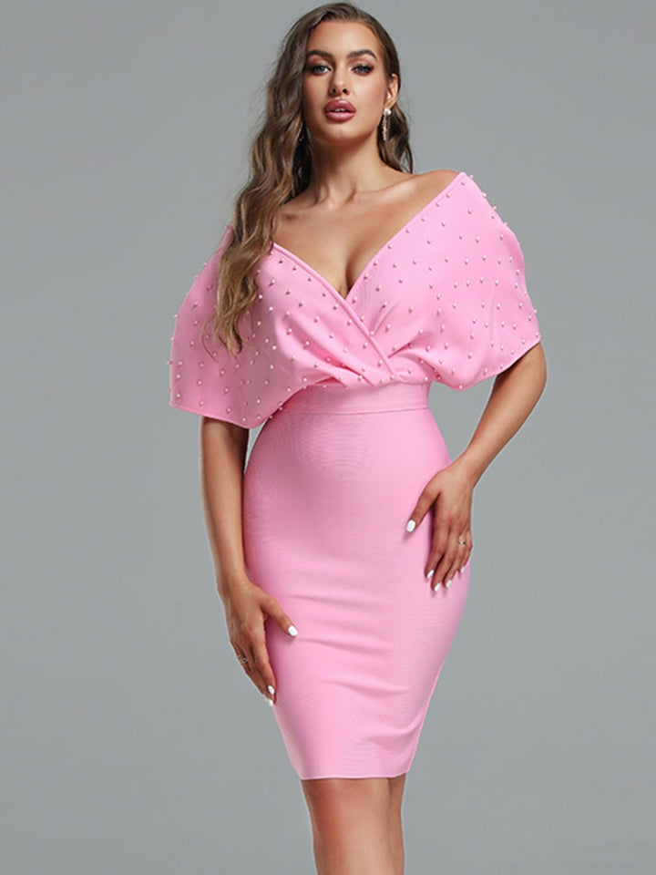 Women's elegant off shoulder pink party dress - OZAXU