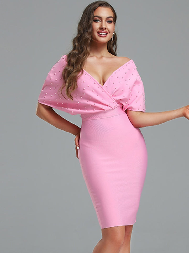 Women's elegant off shoulder pink party dress - OZAXU