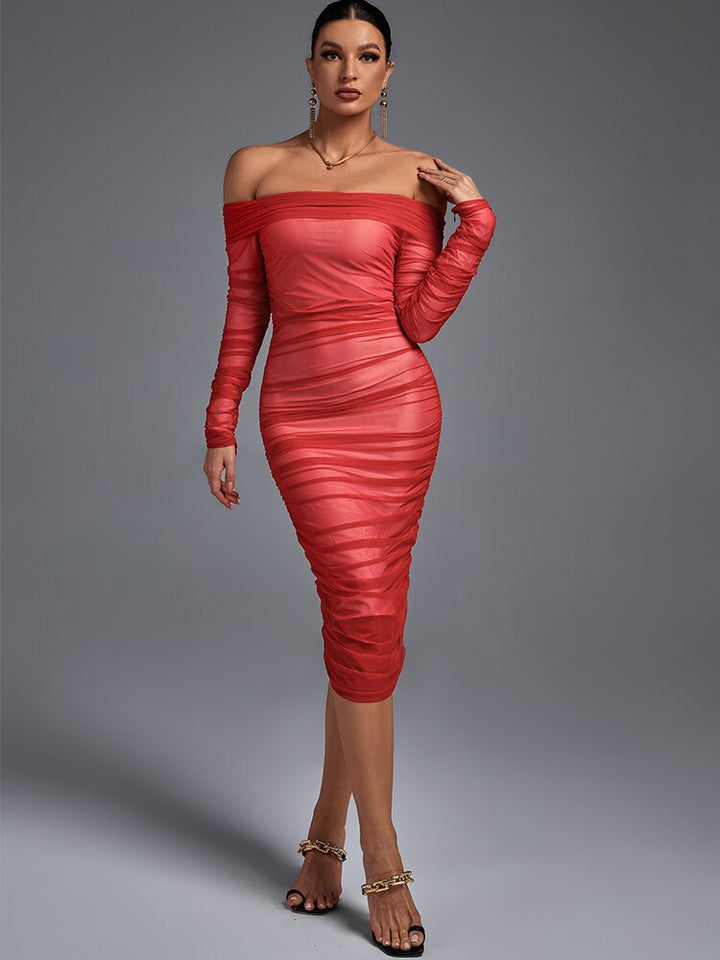 Off shoulder mesh bodycon dress women red evening party dress - OZAXU