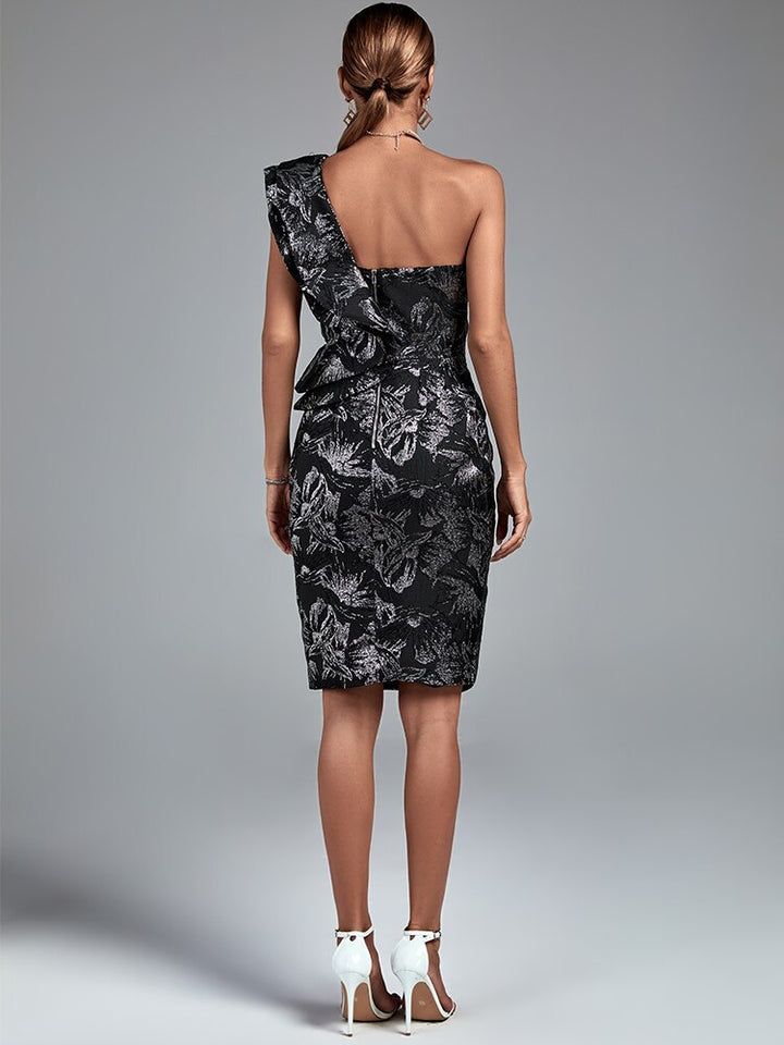 Women's Jacquard Evening Party Dress Black Elegant Ruffle One Shoulder Bodycon Dress - OZAXU