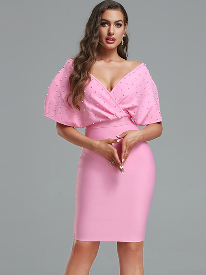 Women's elegant off shoulder pink party dress - OZAXU