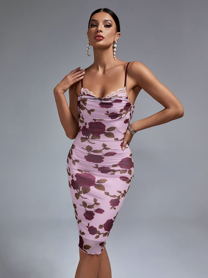 Women's floral print party dress backless bodycon dress A - OZAXU