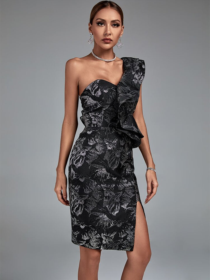 Women's Jacquard Evening Party Dress Black Elegant Ruffle One Shoulder Bodycon Dress - OZAXU