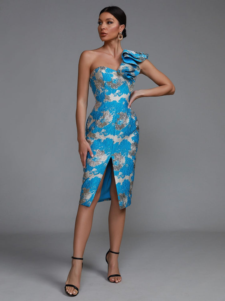 Elegant blue ruffle one shoulder party dress for women - OZAXU