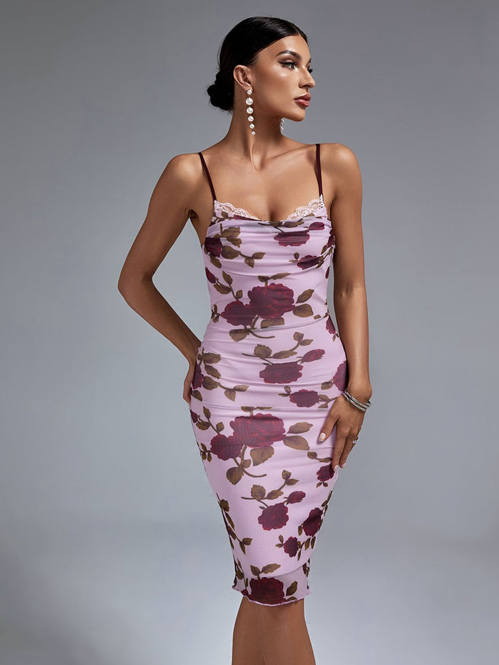 Women's floral print party dress backless bodycon dress A - OZAXU