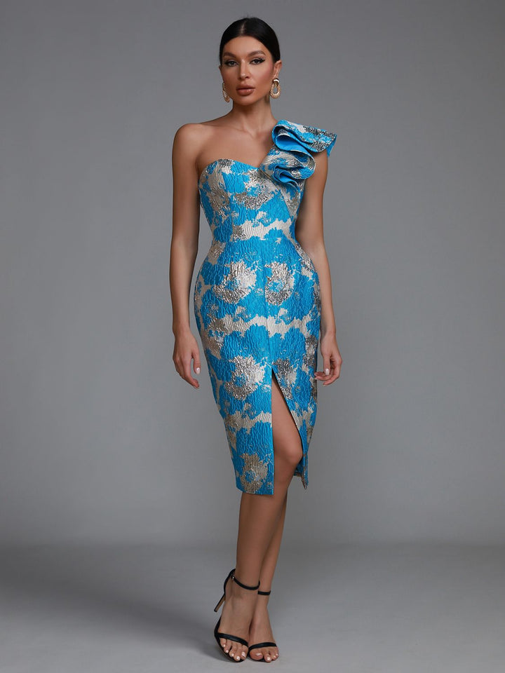 Elegant blue ruffle one shoulder party dress for women - OZAXU