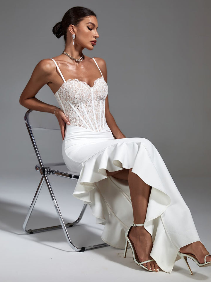 Elegant long white lace dress - OZAXU