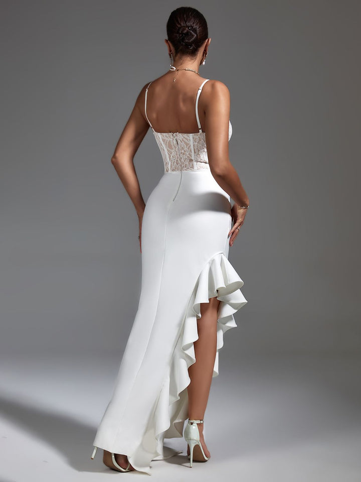 Elegant long white lace dress - OZAXU