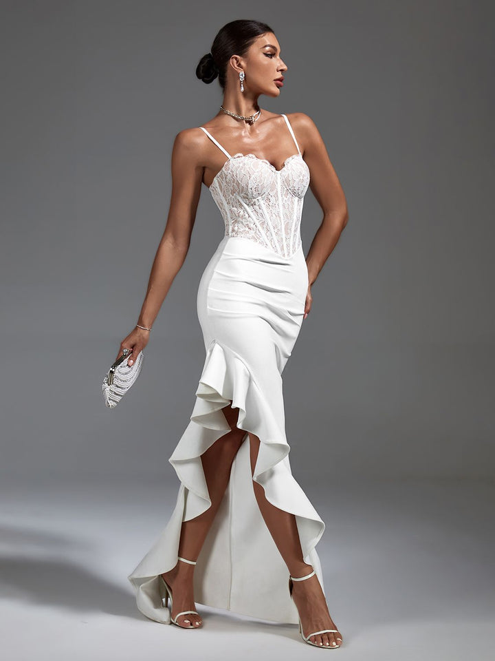 Elegant long white lace dress - OZAXU