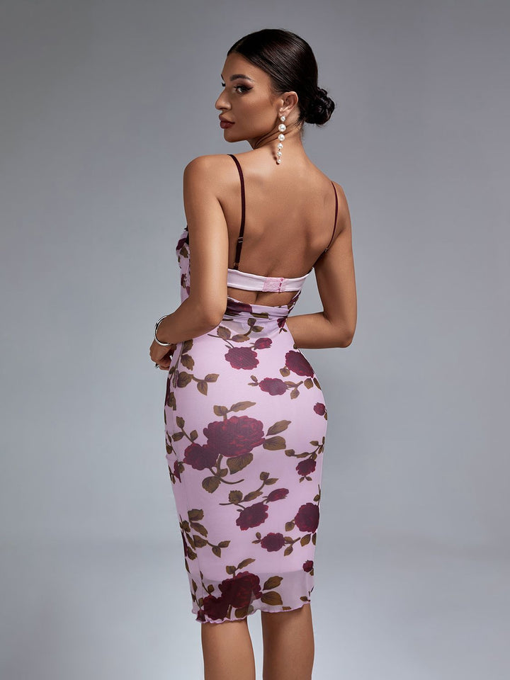 Women's floral print party dress backless bodycon dress A - OZAXU