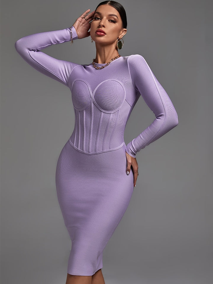 Long sleeve bandage dress women's new elegant purple dress - OZAXU