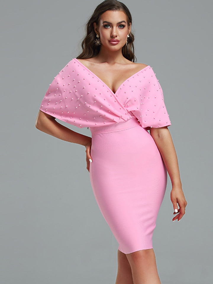 Women's elegant off shoulder pink party dress - OZAXU