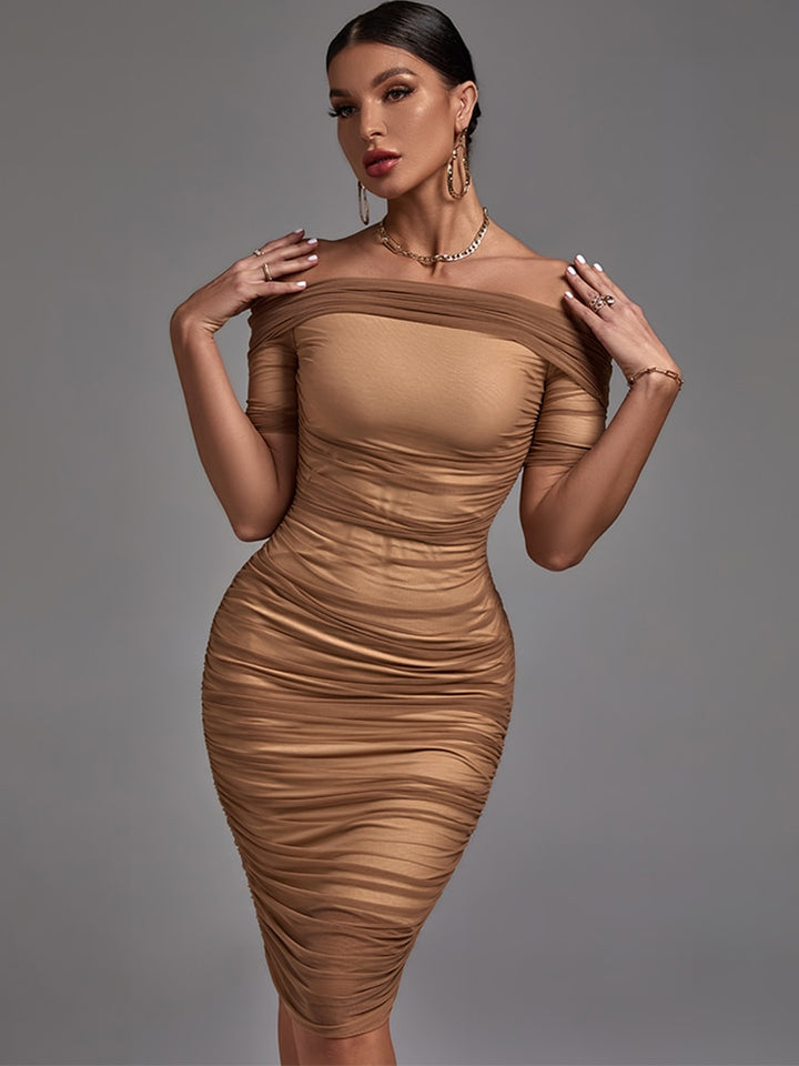 Mesh Party Dress Women New Brown Bodycon Elegant Off Shoulder Dress - OZAXU