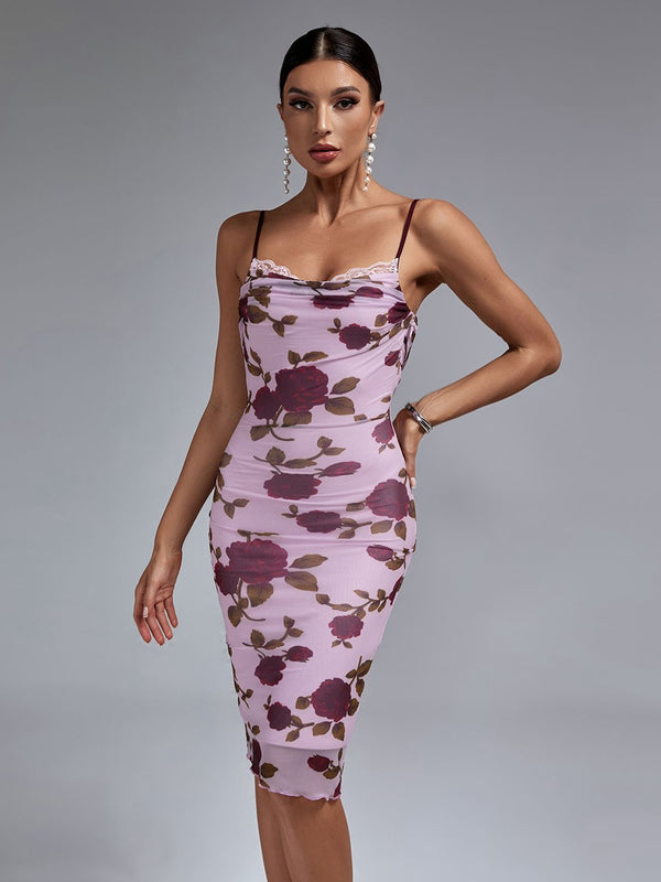 Women's floral print party dress backless bodycon dress A - OZAXU